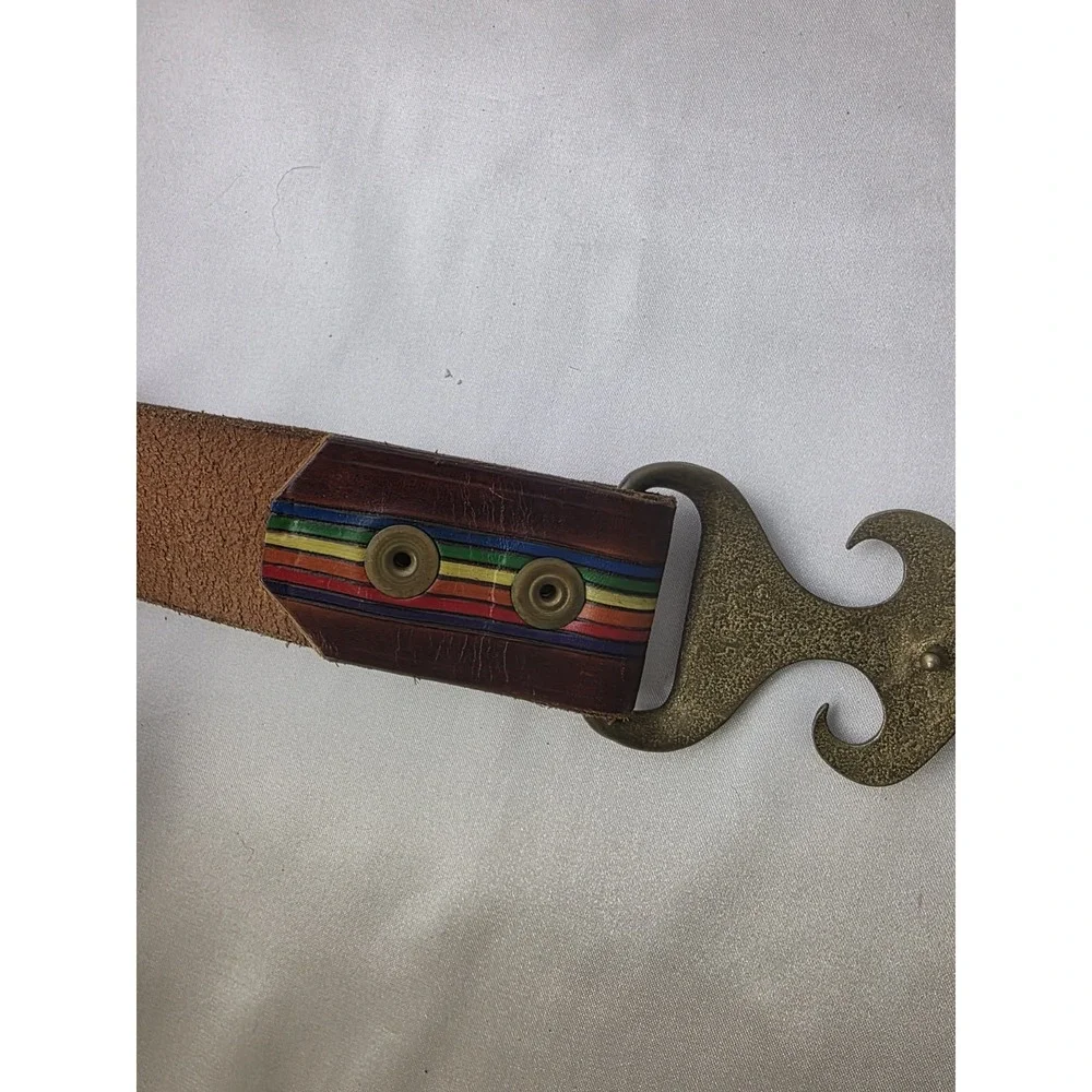 DUNCAN LAURIE Vintage Solid Brass Arrow BELT BUCKLE And Leather Belt 1971 Rainbo